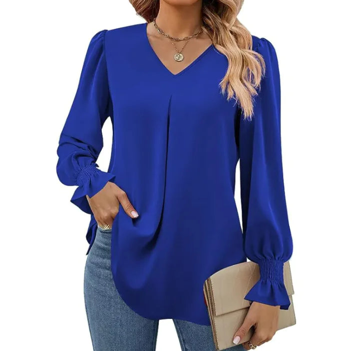 Solid Color V-neck Chiffon Shirt