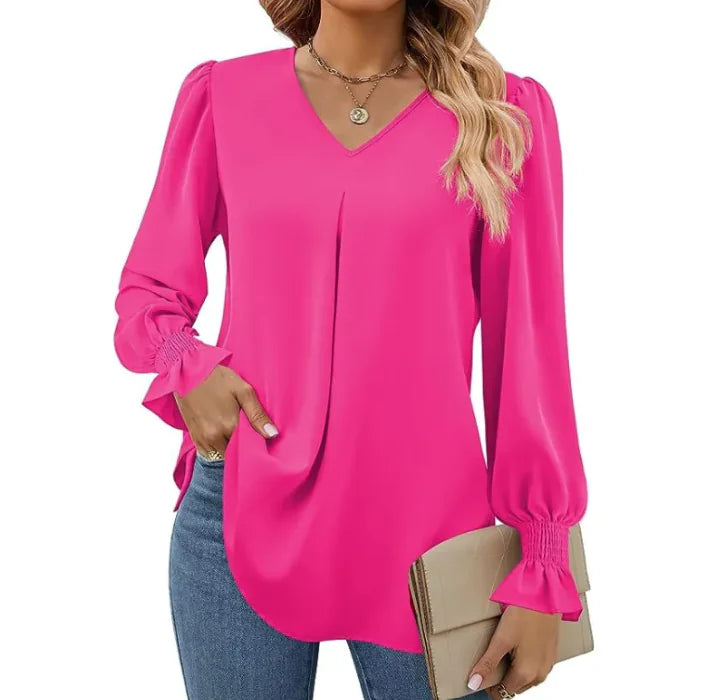 Solid Color V-neck Chiffon Shirt