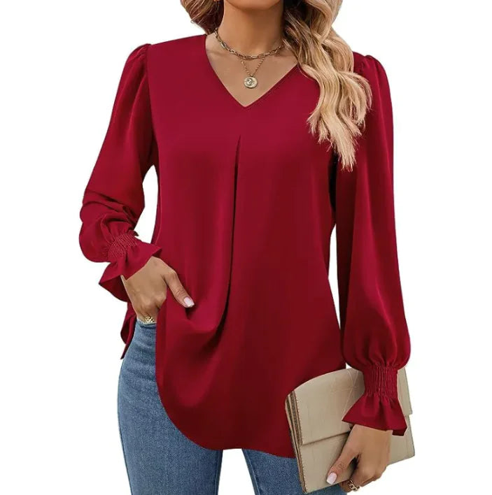 Solid Color V-neck Chiffon Shirt